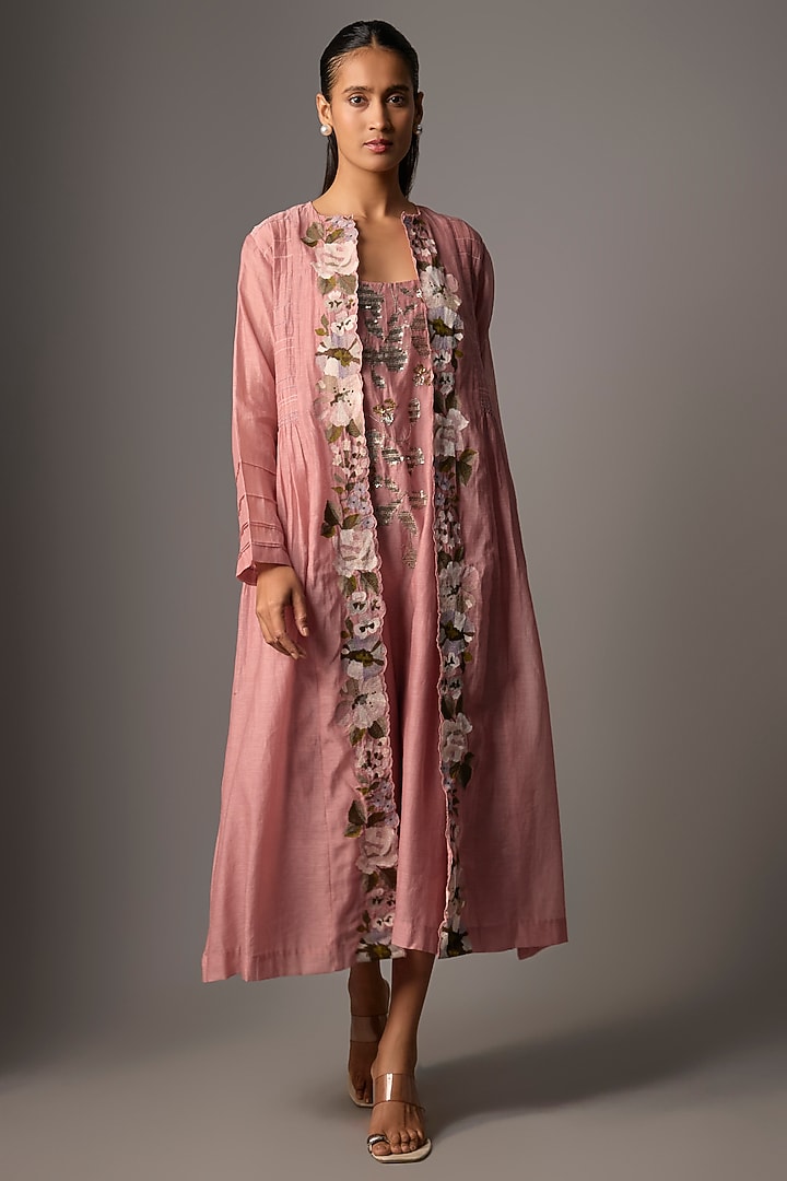 Blush Pink Fine Chanderi Embroidered Jacket Set by Half Full Curve at Pernia's Pop Up Shop