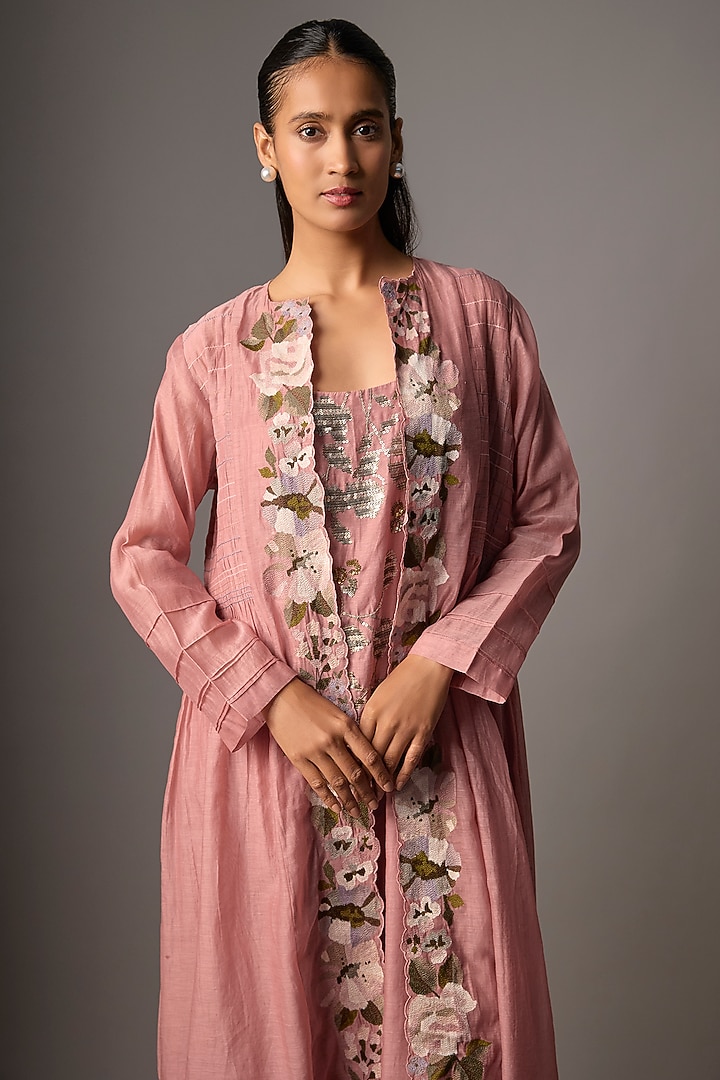 Blush Pink Fine Chanderi Embroidered Jacket Set by Half Full Curve at Pernia's Pop Up Shop