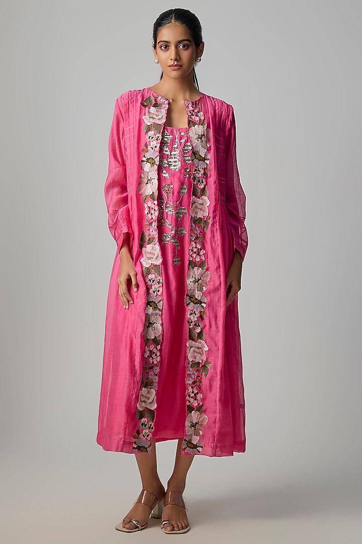 Hot Pink Fine Chanderi Embroidered Jacket With Inner by Half Full Curve at Pernia's Pop Up Shop