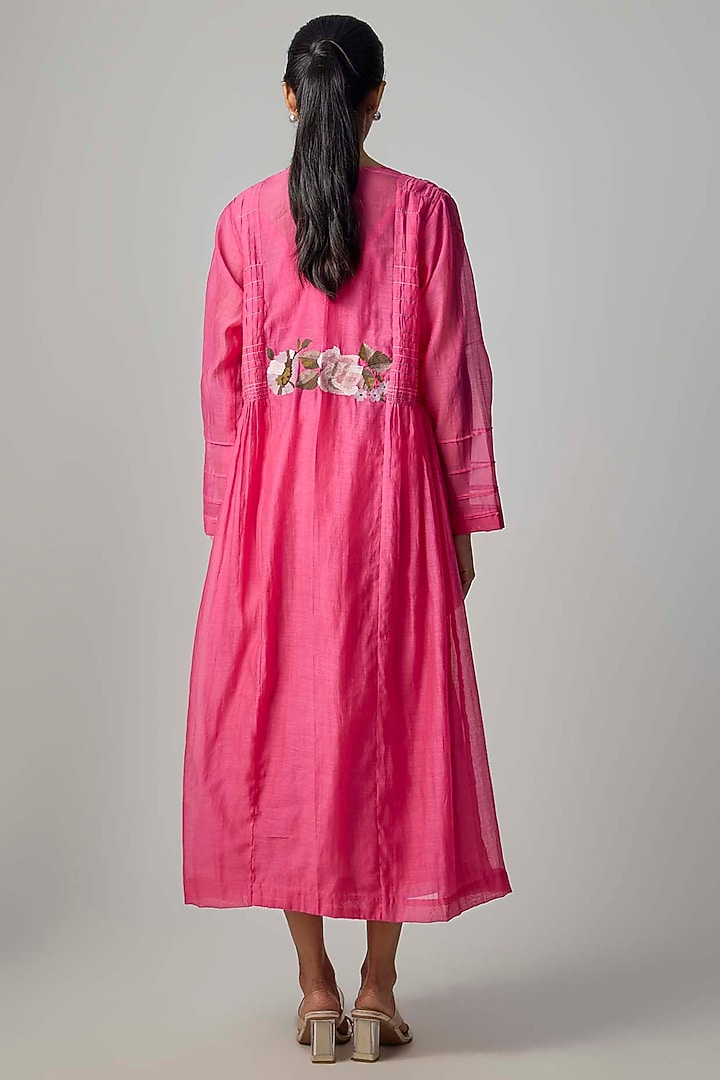 Hot Pink Fine Chanderi Embroidered Jacket With Inner by Half Full Curve at Pernia's Pop Up Shop