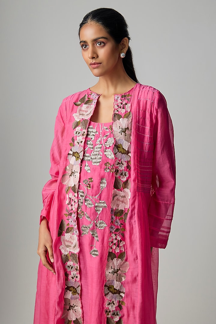 Hot Pink Fine Chanderi Embroidered Jacket With Inner by Half Full Curve at Pernia's Pop Up Shop
