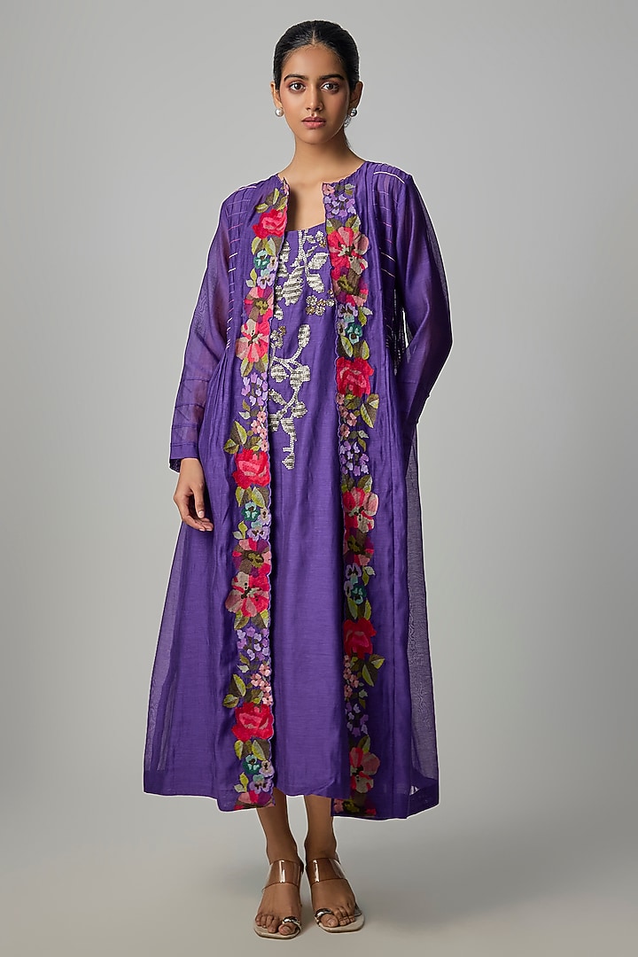 Purple Fine Chanderi Embroidered Jacket With Inner by Half Full Curve at Pernia's Pop Up Shop