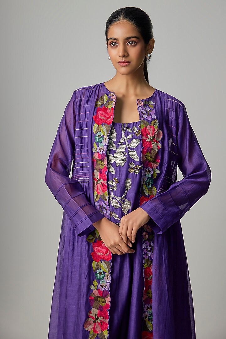 Purple Fine Chanderi Embroidered Jacket With Inner by Half Full Curve at Pernia's Pop Up Shop