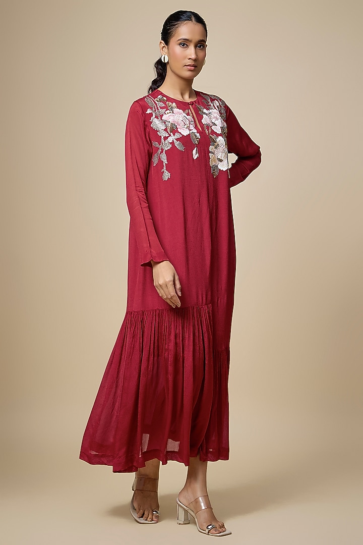 Red Crepe Chiffon Hand Embroidered Flapper Vacation Dress by Half Full Curve at Pernia's Pop Up Shop