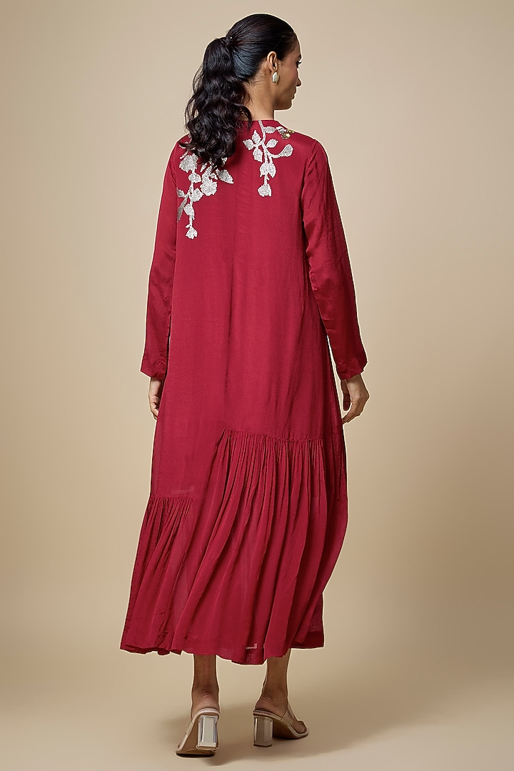 Red Crepe Chiffon Hand Embroidered Flapper Vacation Dress by Half Full Curve at Pernia's Pop Up Shop