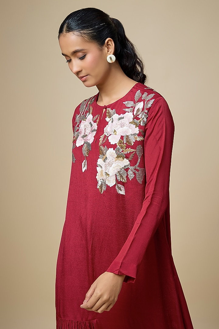 Red Crepe Chiffon Hand Embroidered Flapper Vacation Dress by Half Full Curve at Pernia's Pop Up Shop
