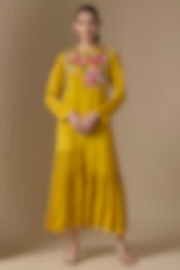 Yellow Crepe Chiffon Hand Embroidered Flapper Vacation Dress by Half Full Curve at Pernia's Pop Up Shop