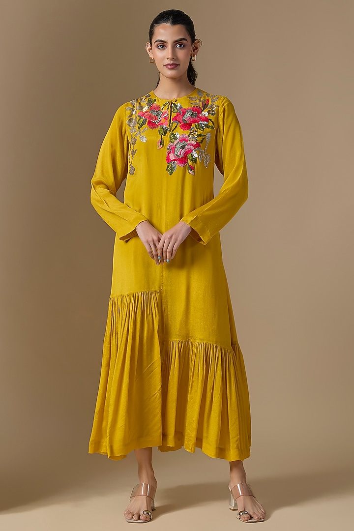Yellow Crepe Chiffon Hand Embroidered Flapper Vacation Dress by Half Full Curve at Pernia's Pop Up Shop