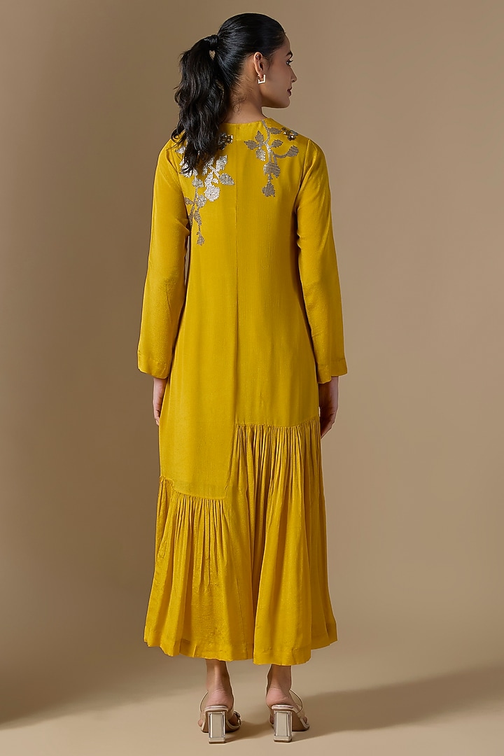Yellow Crepe Chiffon Hand Embroidered Flapper Vacation Dress by Half Full Curve at Pernia's Pop Up Shop