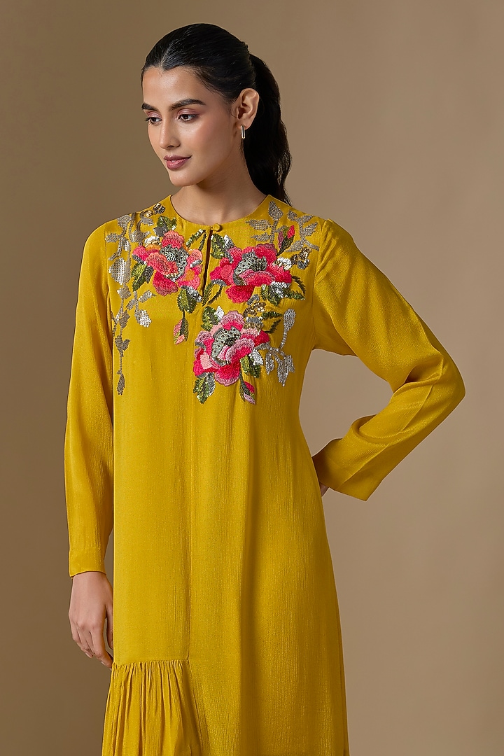 Yellow Crepe Chiffon Hand Embroidered Flapper Vacation Dress by Half Full Curve at Pernia's Pop Up Shop