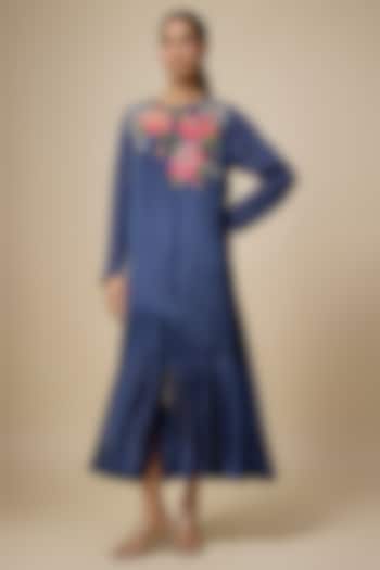 Blue Crepe Chiffon Hand Embroidered Flapper Vacation Dress by Half Full Curve at Pernia's Pop Up Shop