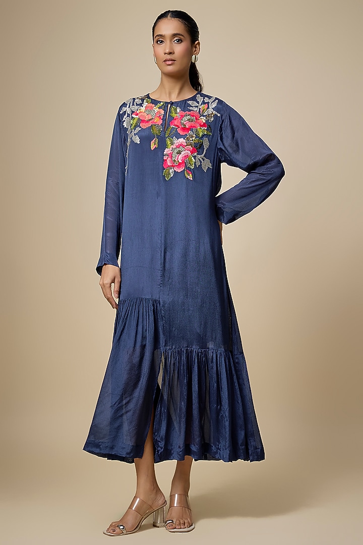 Blue Crepe Chiffon Hand Embroidered Flapper Vacation Dress by Half Full Curve at Pernia's Pop Up Shop