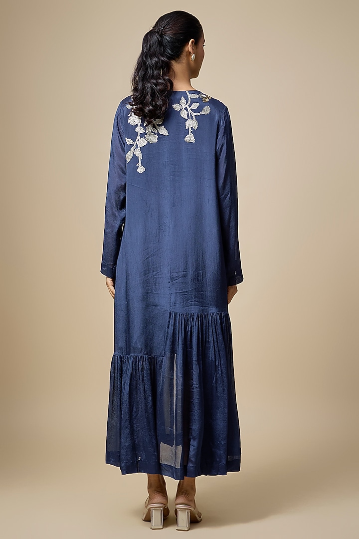 Blue Crepe Chiffon Hand Embroidered Flapper Vacation Dress by Half Full Curve at Pernia's Pop Up Shop