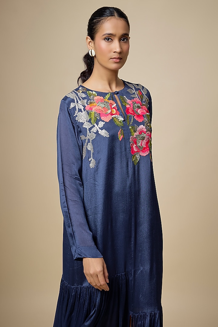 Blue Crepe Chiffon Hand Embroidered Flapper Vacation Dress by Half Full Curve at Pernia's Pop Up Shop