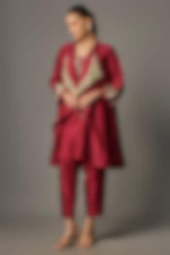 Red Chanderi Embroidered Jacket Set by Half Full Curve at Pernia's Pop Up Shop