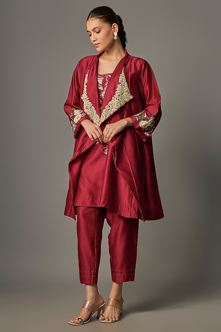 Red Chanderi Embroidered Jacket Set by Half Full Curve at Pernia's Pop Up Shop