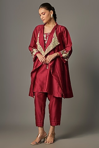 Red Chanderi Embroidered Jacket Set by Half Full Curve