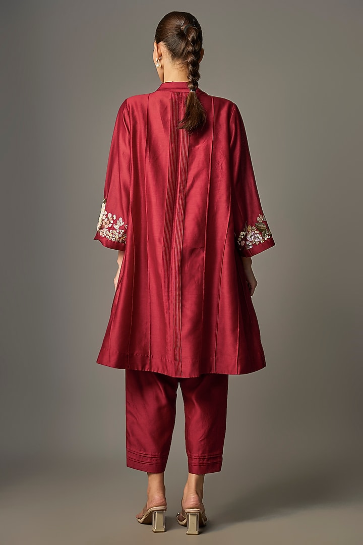Red Chanderi Embroidered Jacket Set by Half Full Curve at Pernia's Pop Up Shop