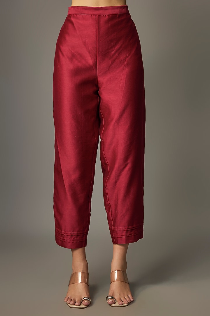Red Chanderi Embroidered Jacket Set by Half Full Curve at Pernia's Pop Up Shop