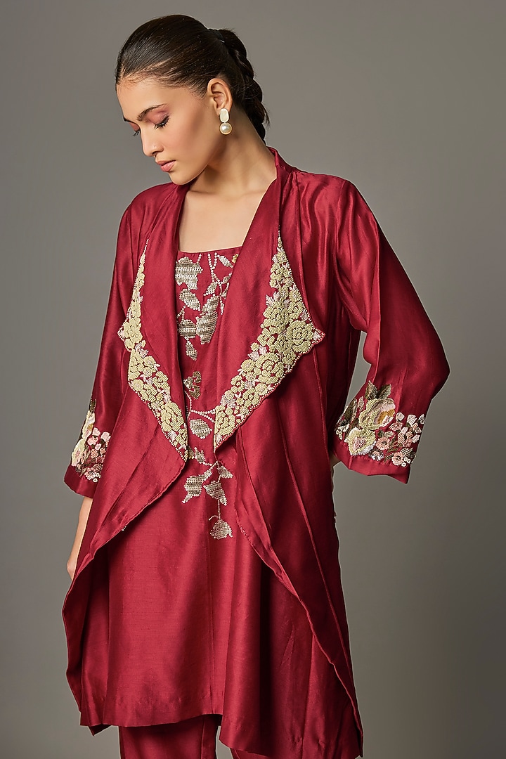 Red Chanderi Embroidered Jacket Set by Half Full Curve at Pernia's Pop Up Shop