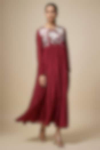 Red Fine Chanderi Hand Embroidered Tiered Midi Vacation Dress by Half Full Curve at Pernia's Pop Up Shop