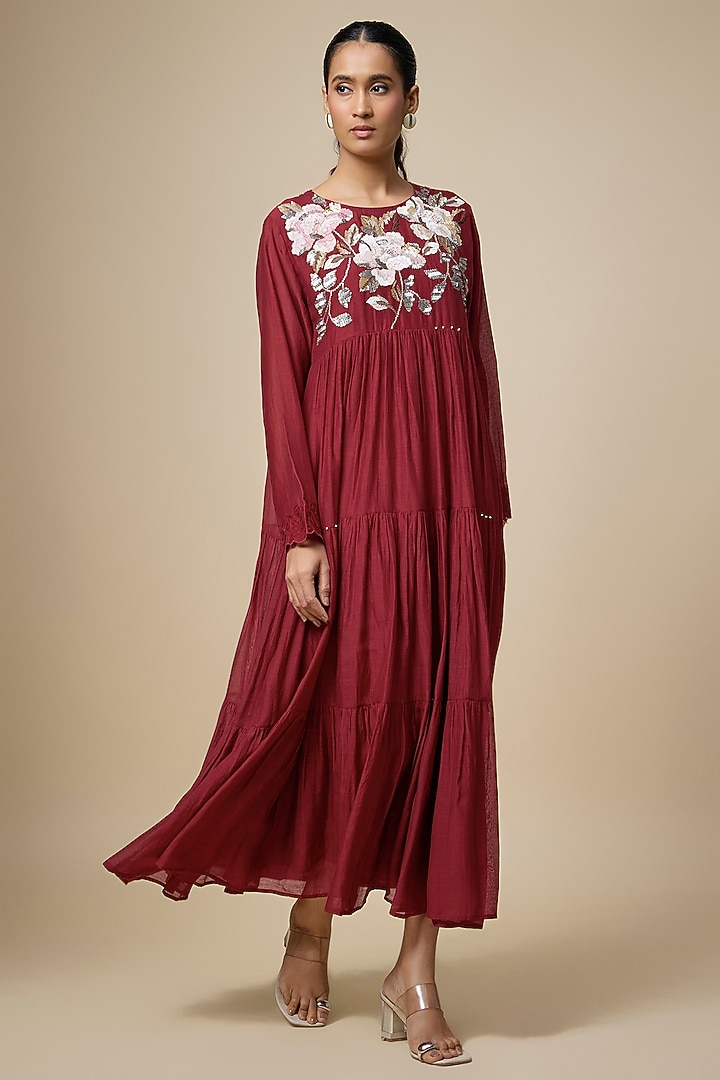 Red Fine Chanderi Hand Embroidered Tiered Midi Vacation Dress by Half Full Curve at Pernia's Pop Up Shop