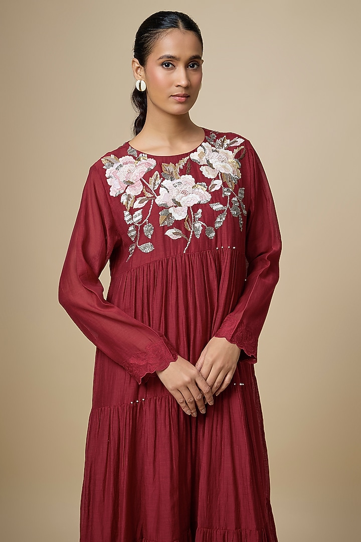 Red Fine Chanderi Hand Embroidered Tiered Midi Vacation Dress by Half Full Curve at Pernia's Pop Up Shop