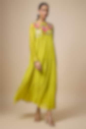 Green Fine Chanderi Hand Embroidered Tiered Midi Vacation Dress by Half Full Curve at Pernia's Pop Up Shop