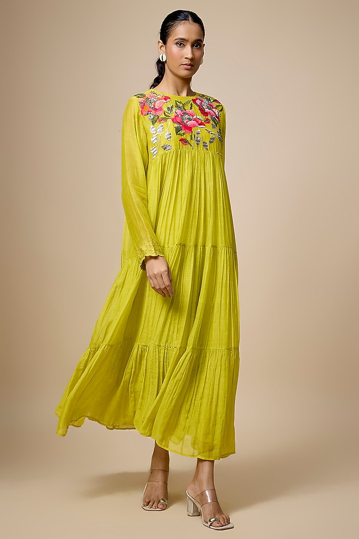 Green Fine Chanderi Hand Embroidered Tiered Midi Vacation Dress by Half Full Curve at Pernia's Pop Up Shop