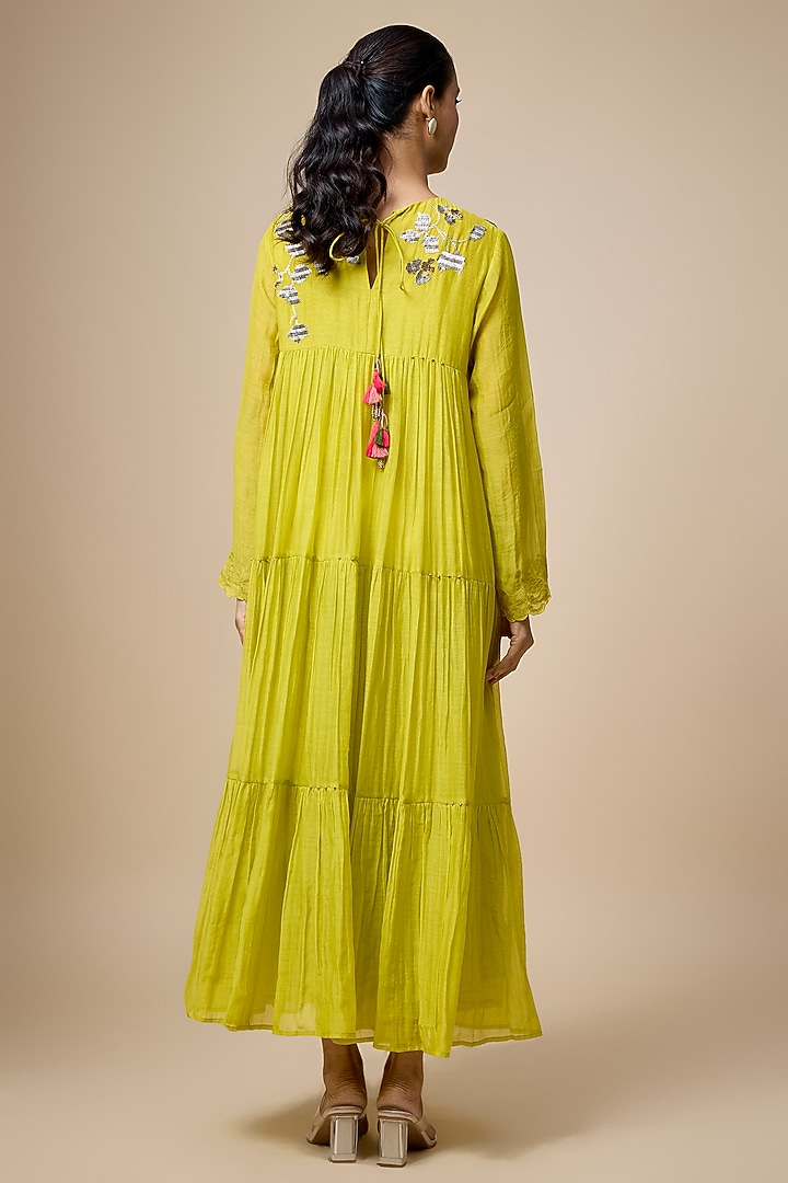 Green Fine Chanderi Hand Embroidered Tiered Midi Vacation Dress by Half Full Curve at Pernia's Pop Up Shop