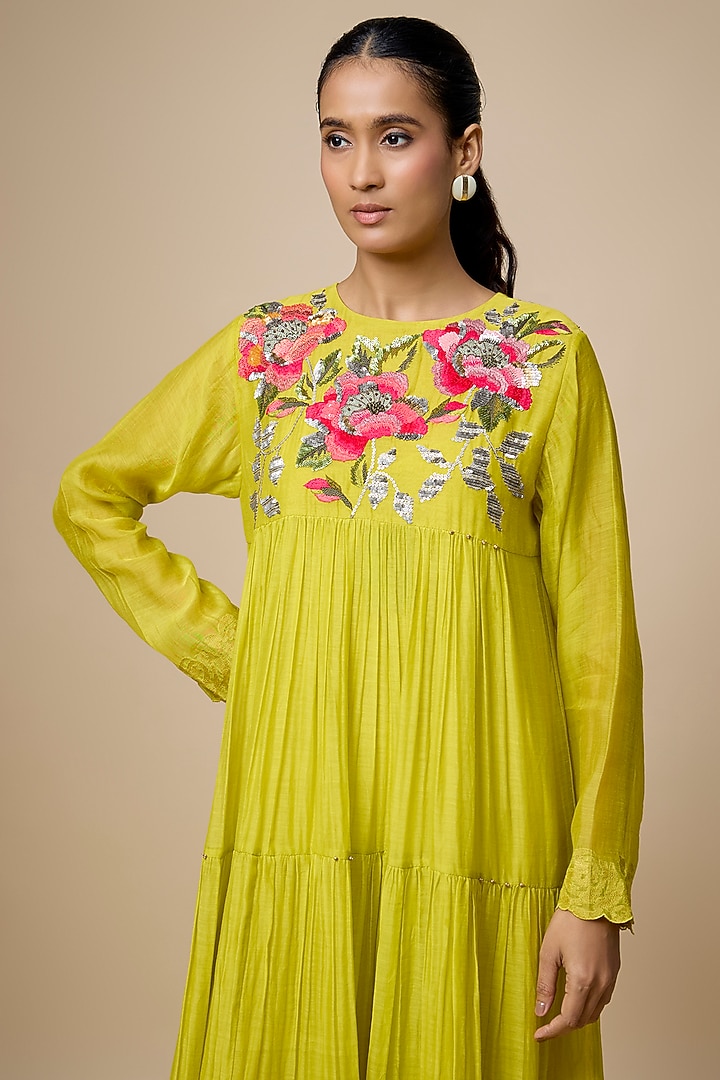 Green Fine Chanderi Hand Embroidered Tiered Midi Vacation Dress by Half Full Curve at Pernia's Pop Up Shop
