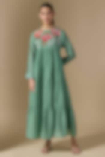 Blue Fine Chanderi Hand Embroidered Tiered Vacation Dress by Half Full Curve at Pernia's Pop Up Shop