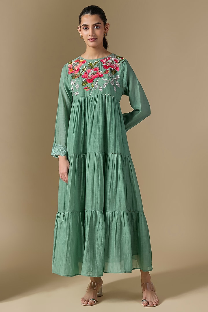 Blue Fine Chanderi Hand Embroidered Tiered Vacation Dress by Half Full Curve at Pernia's Pop Up Shop