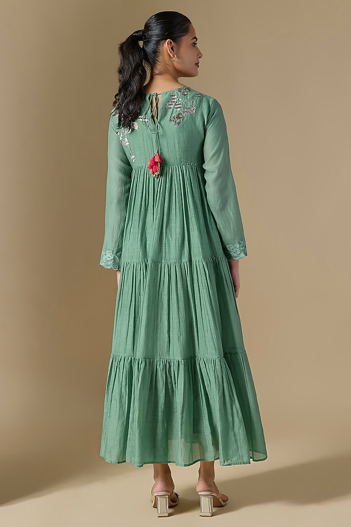 Blue Fine Chanderi Hand Embroidered Tiered Vacation Dress by Half Full Curve at Pernia's Pop Up Shop