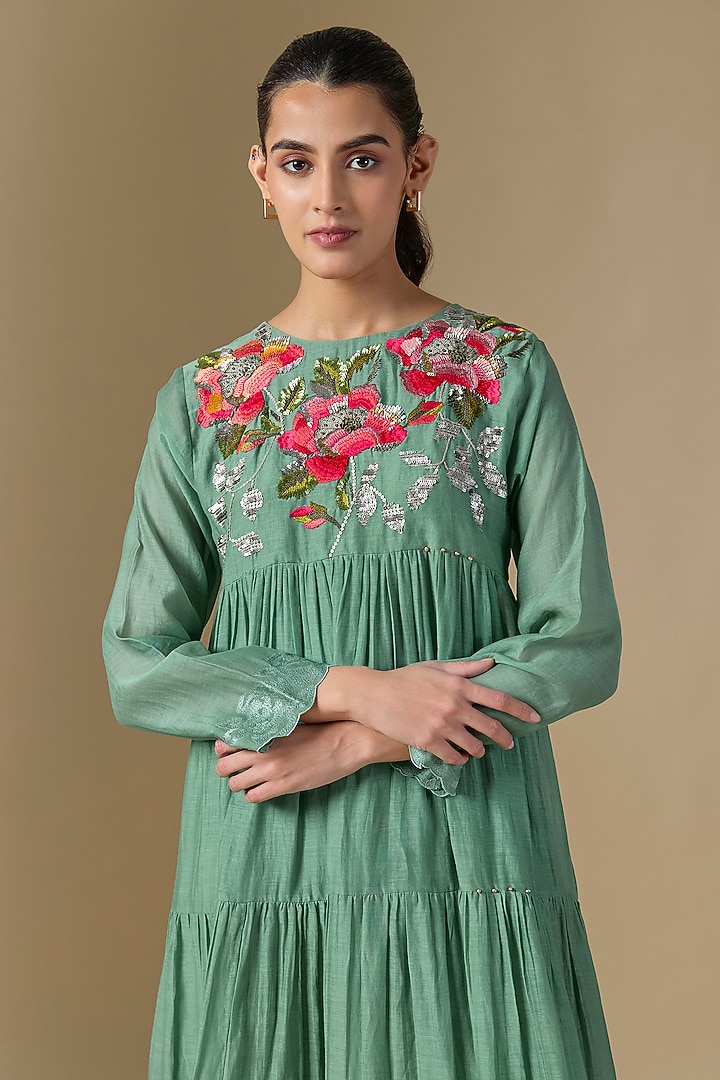 Blue Fine Chanderi Hand Embroidered Tiered Vacation Dress by Half Full Curve at Pernia's Pop Up Shop