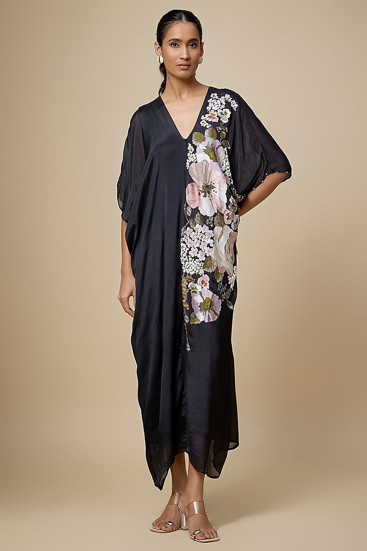 Black Crepe Chiffon Hand Embroidered Kaftan by Half Full Curve at Pernia's Pop Up Shop