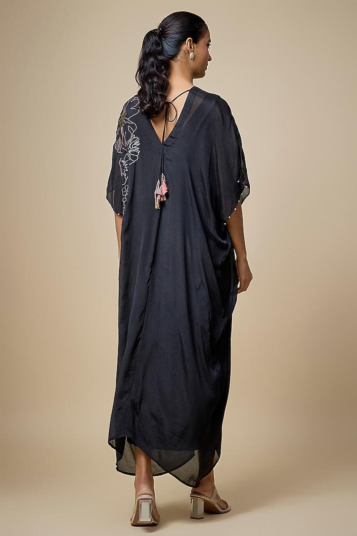 Black Crepe Chiffon Hand Embroidered Kaftan by Half Full Curve at Pernia's Pop Up Shop