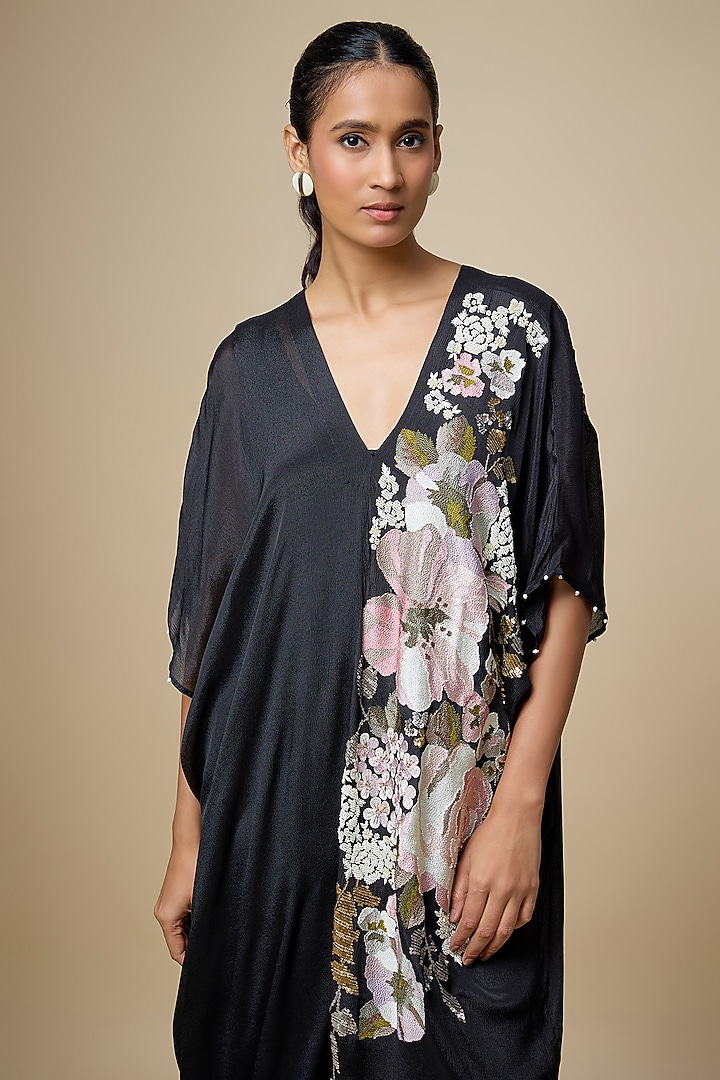 Black Crepe Chiffon Hand Embroidered Kaftan by Half Full Curve at Pernia's Pop Up Shop
