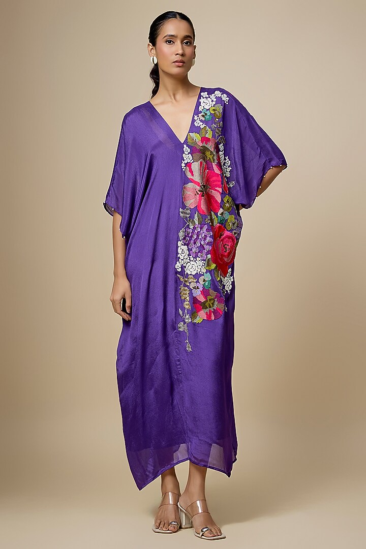 Purple Crepe Chiffon Hand Embroidered Kaftan by Half Full Curve at Pernia's Pop Up Shop