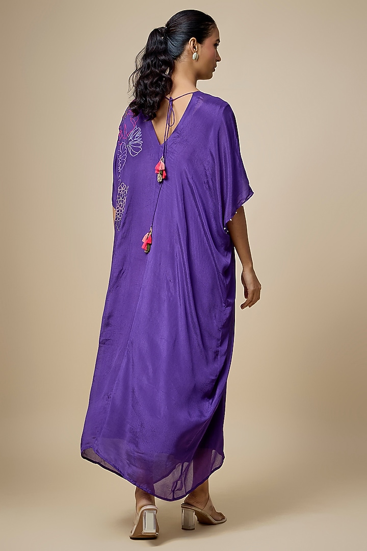 Purple Crepe Chiffon Hand Embroidered Kaftan by Half Full Curve at Pernia's Pop Up Shop