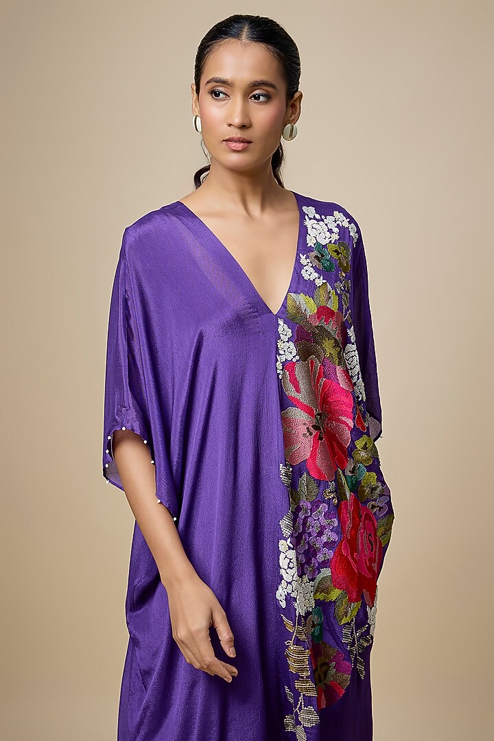 Purple Crepe Chiffon Hand Embroidered Kaftan by Half Full Curve at Pernia's Pop Up Shop