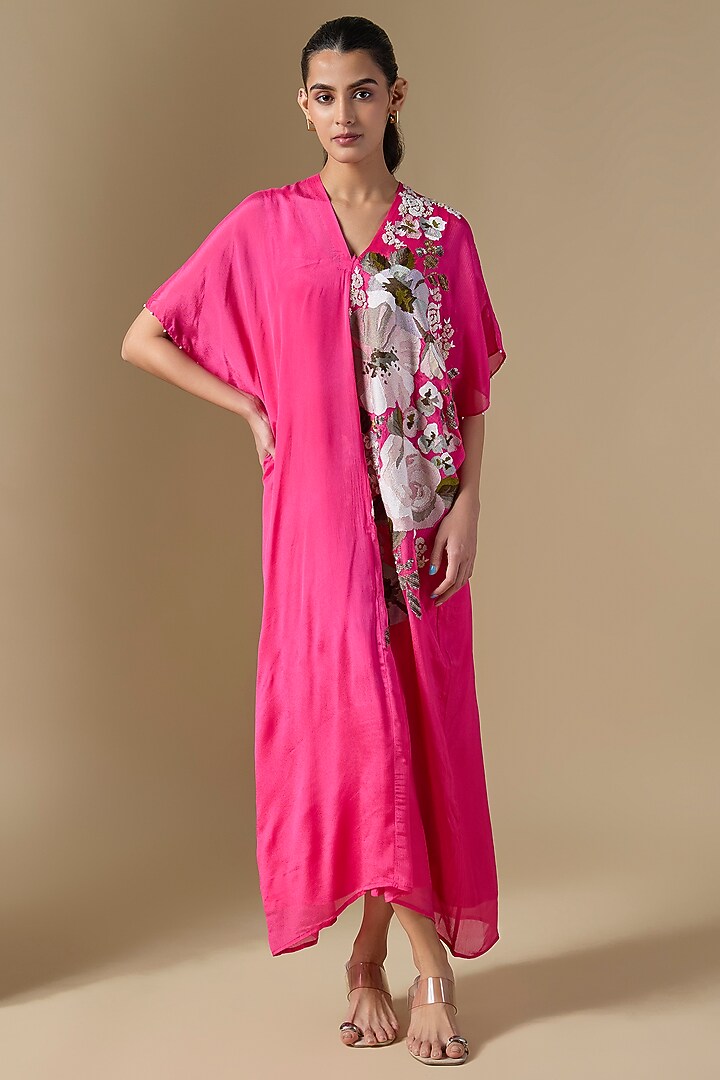 Pink Crepe Chiffon Hand Embroidered Kaftan by Half Full Curve at Pernia's Pop Up Shop