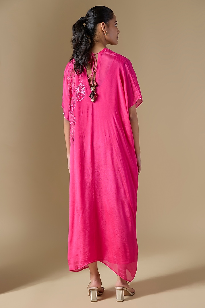 Pink Crepe Chiffon Hand Embroidered Kaftan by Half Full Curve at Pernia's Pop Up Shop