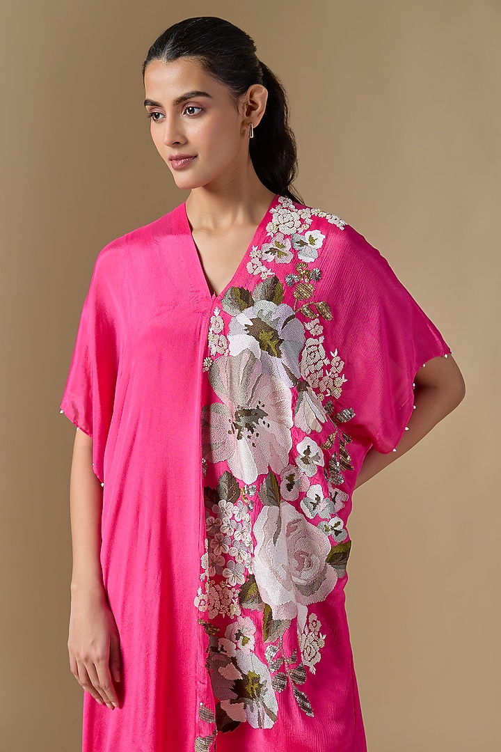 Pink Crepe Chiffon Hand Embroidered Kaftan by Half Full Curve at Pernia's Pop Up Shop