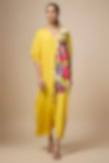 Yellow Crepe Chiffon Hand Embroidered Kaftan by Half Full Curve at Pernia's Pop Up Shop