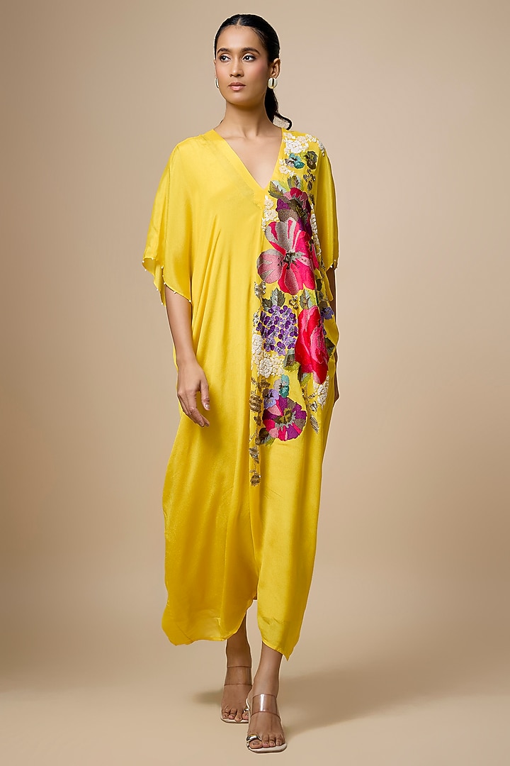 Yellow Crepe Chiffon Hand Embroidered Kaftan by Half Full Curve at Pernia's Pop Up Shop