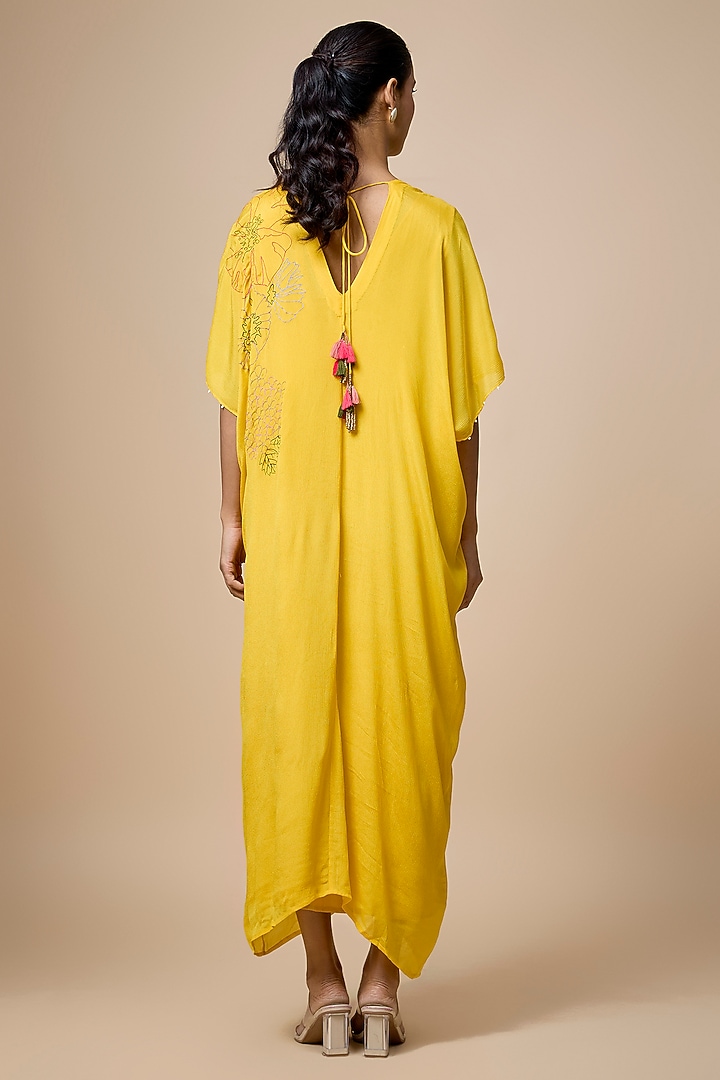 Yellow Crepe Chiffon Hand Embroidered Kaftan by Half Full Curve at Pernia's Pop Up Shop