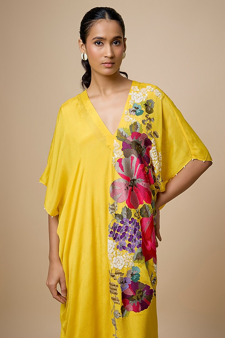 Yellow Crepe Chiffon Hand Embroidered Kaftan by Half Full Curve at Pernia's Pop Up Shop