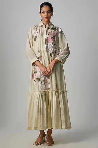 Ivory Fine Chanderi Embroidered Flapper Midi Shirt Tunic by Half Full Curve