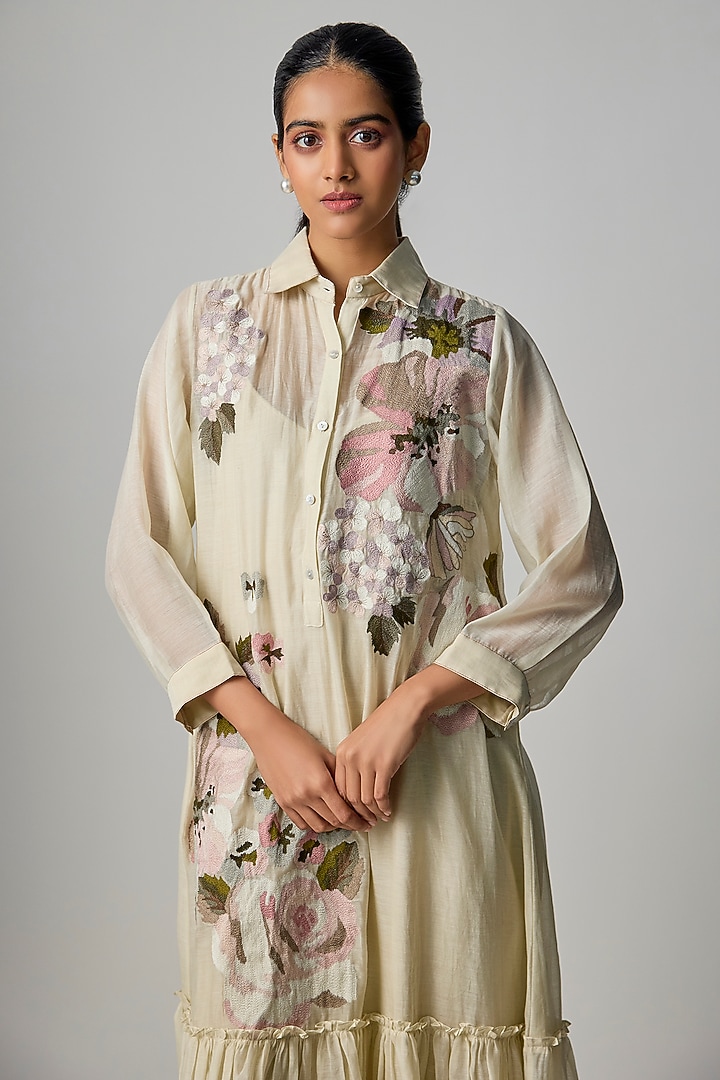 Ivory Fine Chanderi Embroidered Flapper Midi Shirt Tunic by Half Full Curve at Pernia's Pop Up Shop